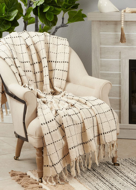 Fennco Styles Dashed Line Tassel Cotton Throw Blanket 50" W x 60" L – Natural Blanket for Couch, Bedroom and Living Room Décor