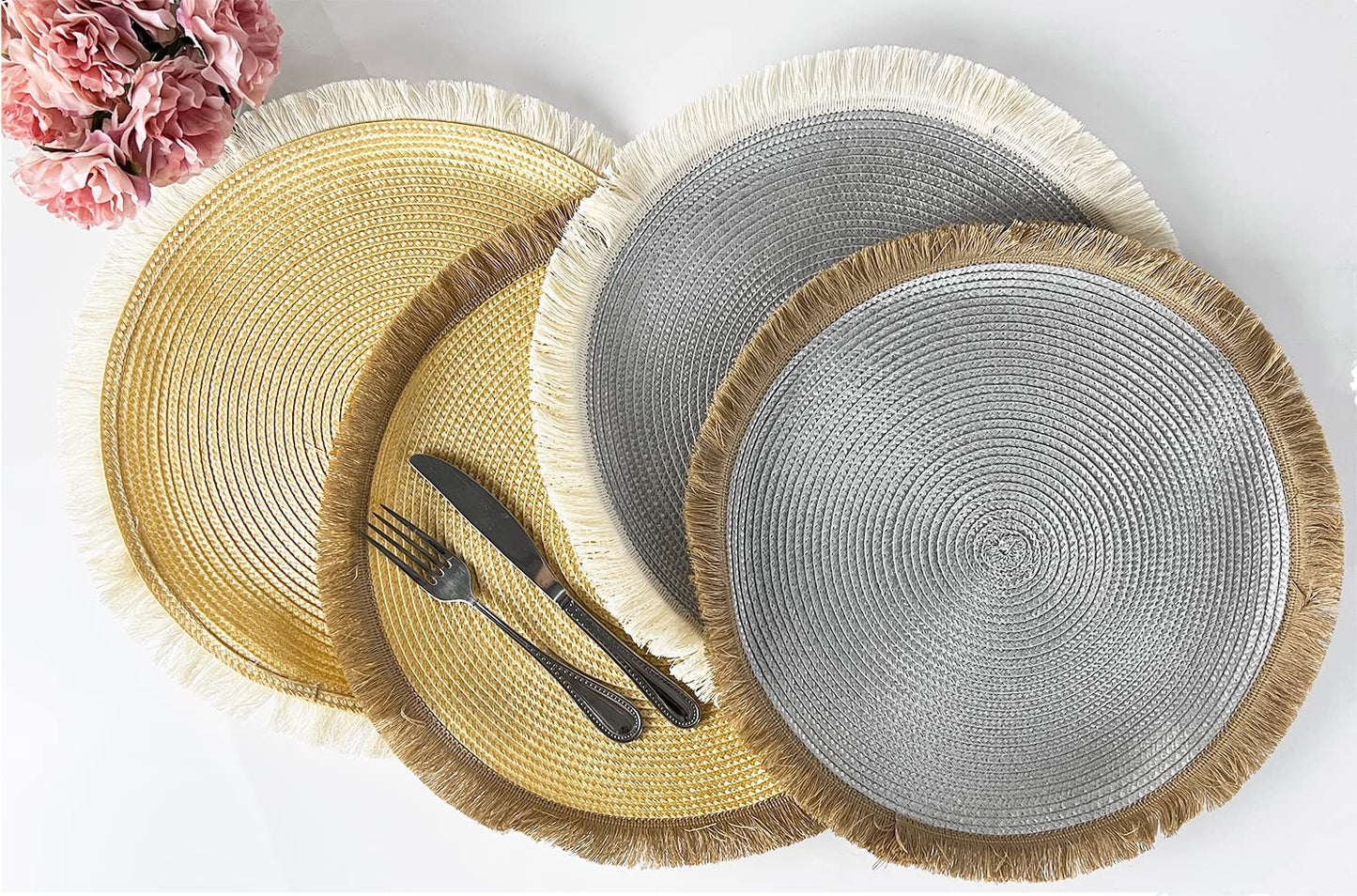 Fennco Styles Hand Braided Fringe Boho Placemats 15 Inch Round, Set of 4 - Beige & White Woven Textured Table Mats for Home, Dining Room, Banquets, Family Gathering and Special Occasion