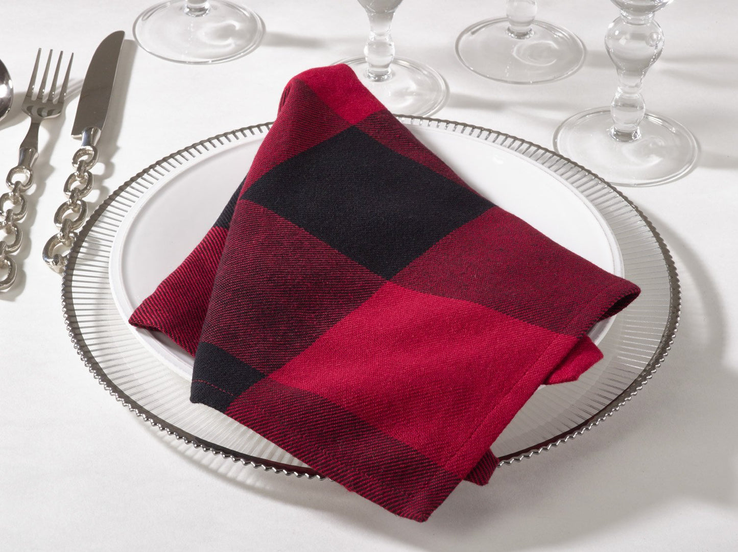 Fennco Styles Holiday Black Buffalo Check Plaid Cotton Cloth Napkins 20"x20", Set of 4