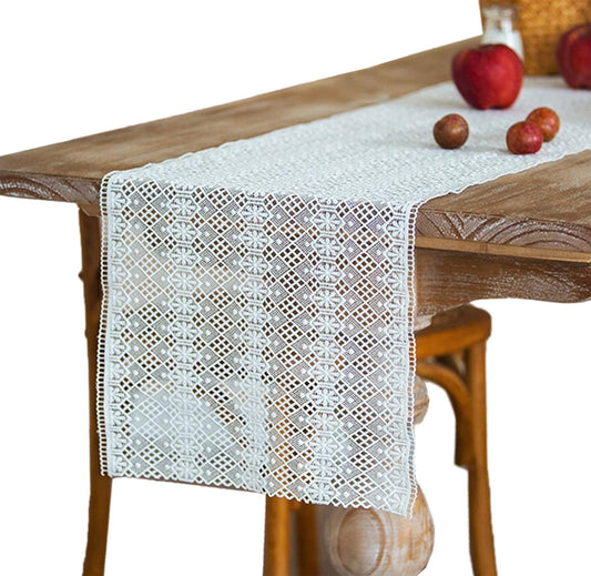 Fennco Styles Embroidered Geometric Floral Hollow Lace Table Runner 14" W x 71" L - White Table Cover for Home, Dining Table Decor, Banquet, Wedding and Special Event