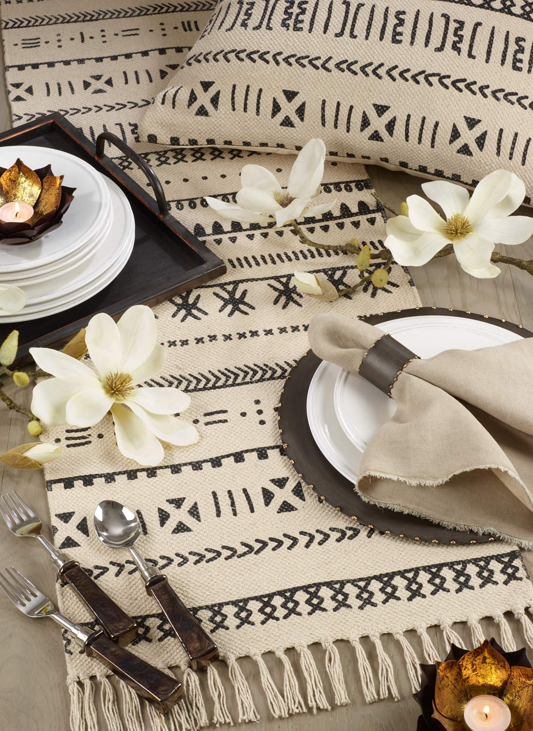 Fennco Styles Eclectic Mud Cloth Pattern Design 100% Cotton Table Runner 16 x 72 Inch - Natural Geometric Table Cover for Home Décor, Everyday Use, Banquets and Special Occasion