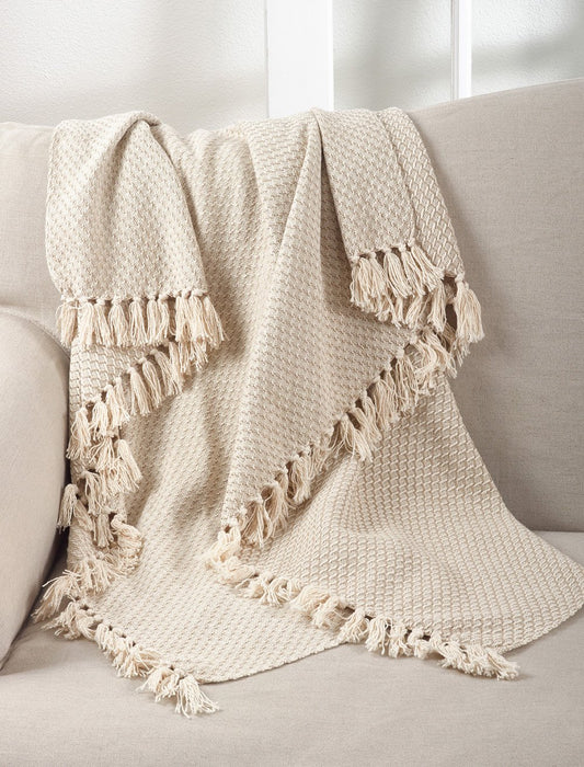 Fennco Styles Classic Tassel Trim 100% Cotton Throw Blanket, 50"x60", Natural