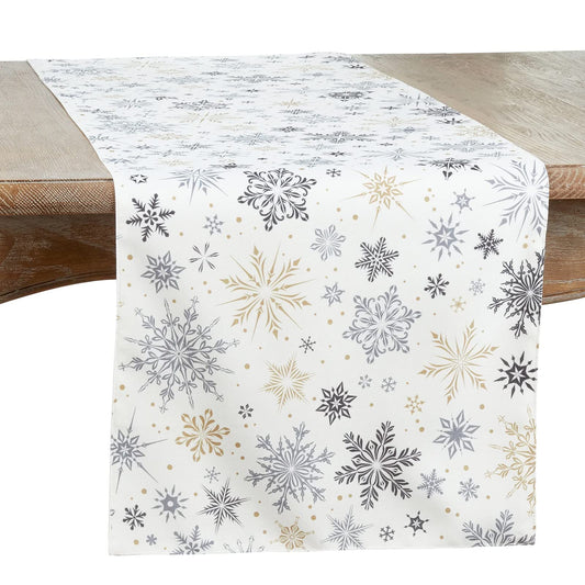 Fennco Styles Festive Snowflake Holiday Table Runner 16" W x 70" L - White Woven Table Cover for Home, Dining Room, Banquets and Christmas Décor
