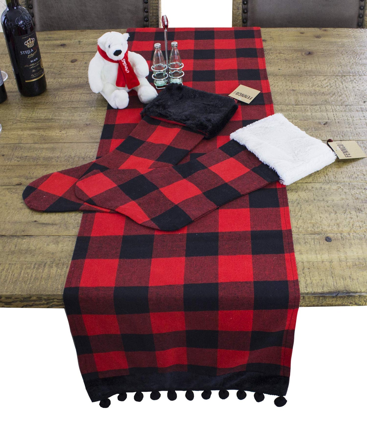 Fennco Styles Buffalo Plaid Red and Black Velvet Pom Pom Trim Design Cotton Table Runner