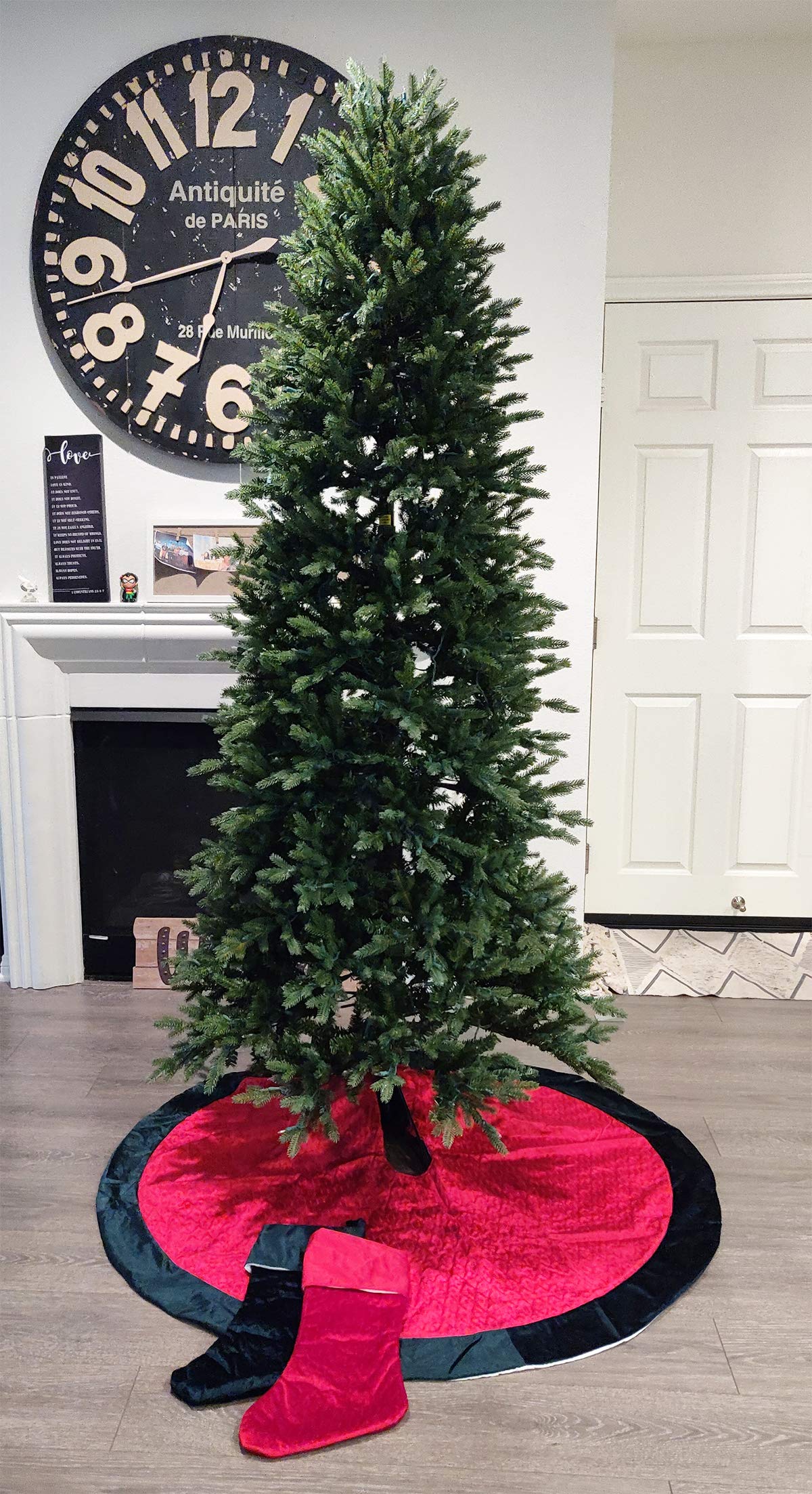 Fennco Styles Vintage Velvet Allover Tree Pattern Stocking 8 x 19 Inch - Red Christmas Stocking for Holiday, Home Decor, Family Gathering and Special Occasion