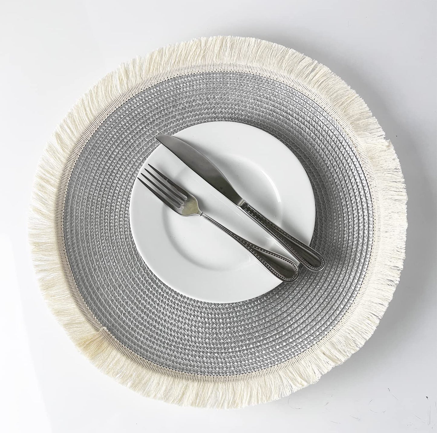 Fennco Styles Hand Braided Fringe Boho Placemats 15 Inch Round, Set of 4 - Beige & White Woven Textured Table Mats for Home, Dining Room, Banquets, Family Gathering and Special Occasion