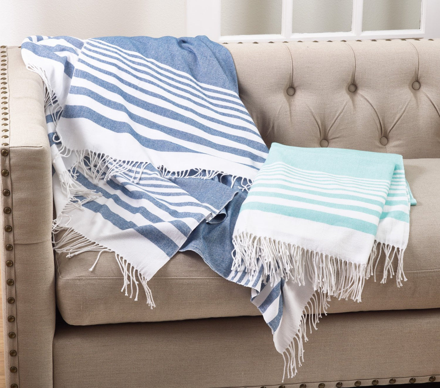 Fennco Styles Classic Striped Fringed Design Throw Blanket 50" W x 60" L, 2 Colors - Lightweight Blanket for Couch, Bedroom and Living Room Décor