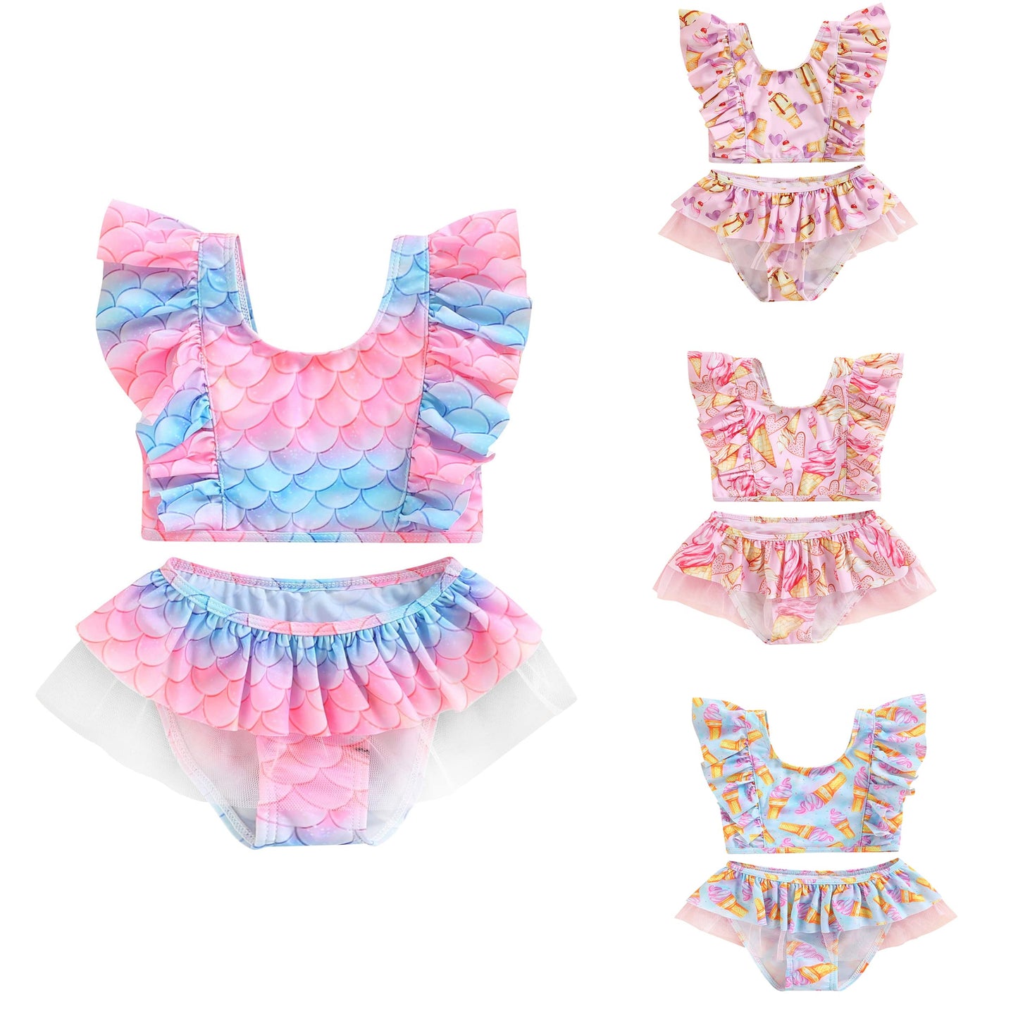 stylesilove Toddler Kid Girls Ice Cream Printed Ruffle 2pcs Bikini Set Flutter Tankini Swimsuit Bathing Suit Beach Swimwear