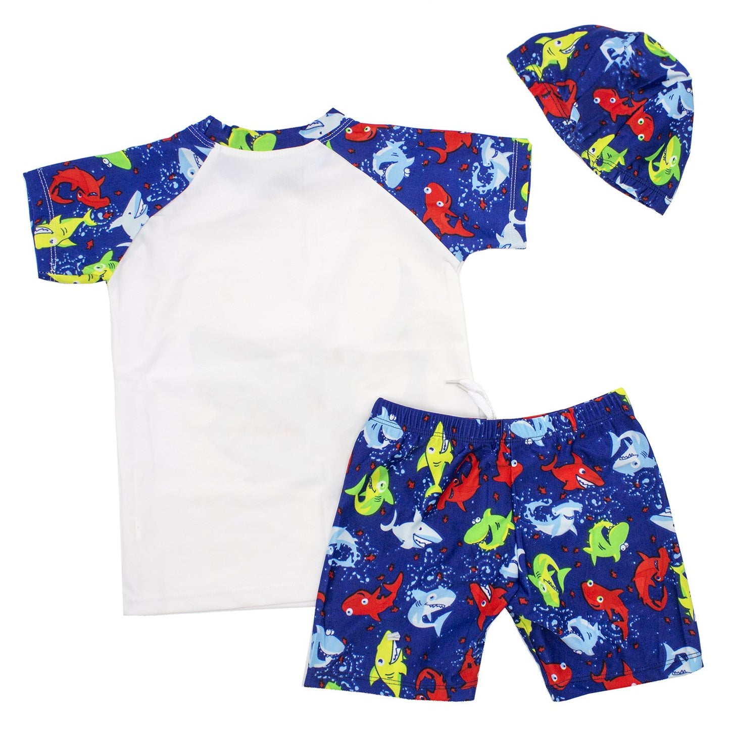 stylesilove Kids Boy Cartoon Dinosaur Shark Rashguard Top & Swim Shorts with Hat 3 pcs Set