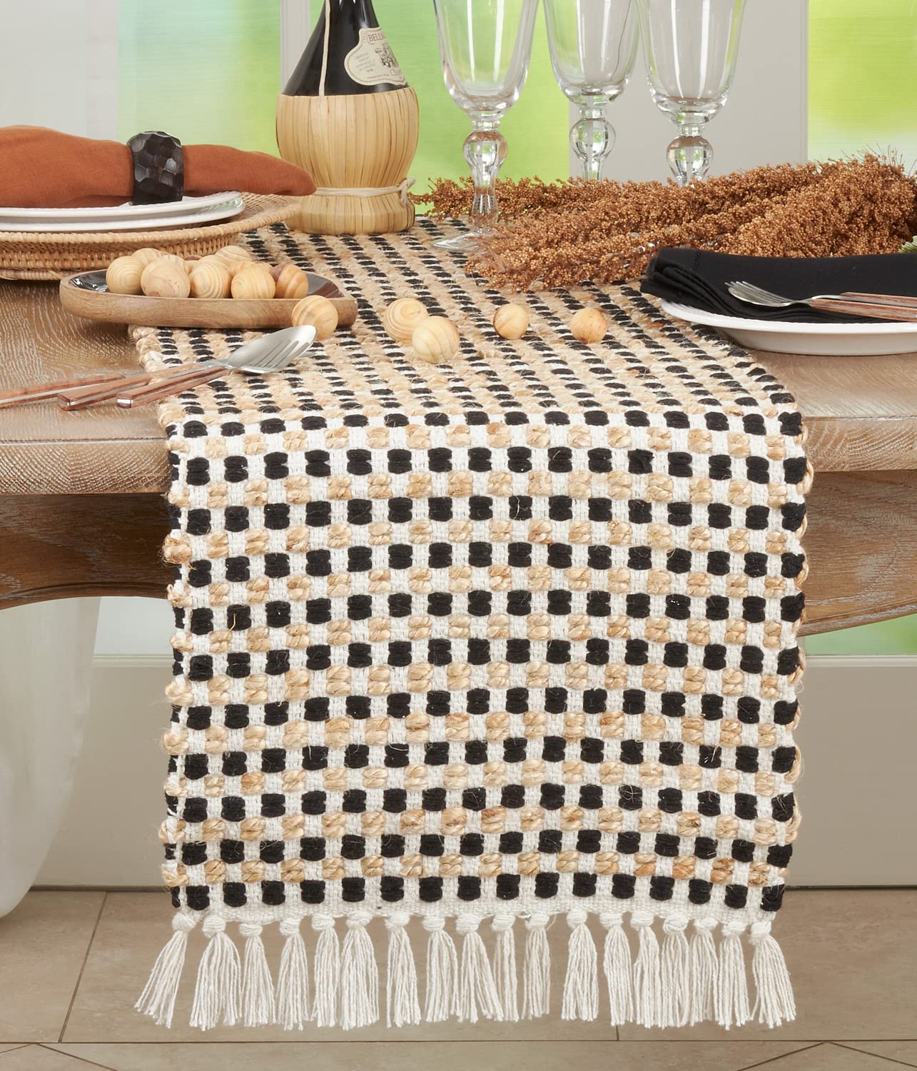 Fennco Styles Checker Weave Table Runner with Fringe 14" W x 72" L - Black Cotton Jute Table Cover for Home, Dining Room, Banquets, Family Gathering and Special Occasion