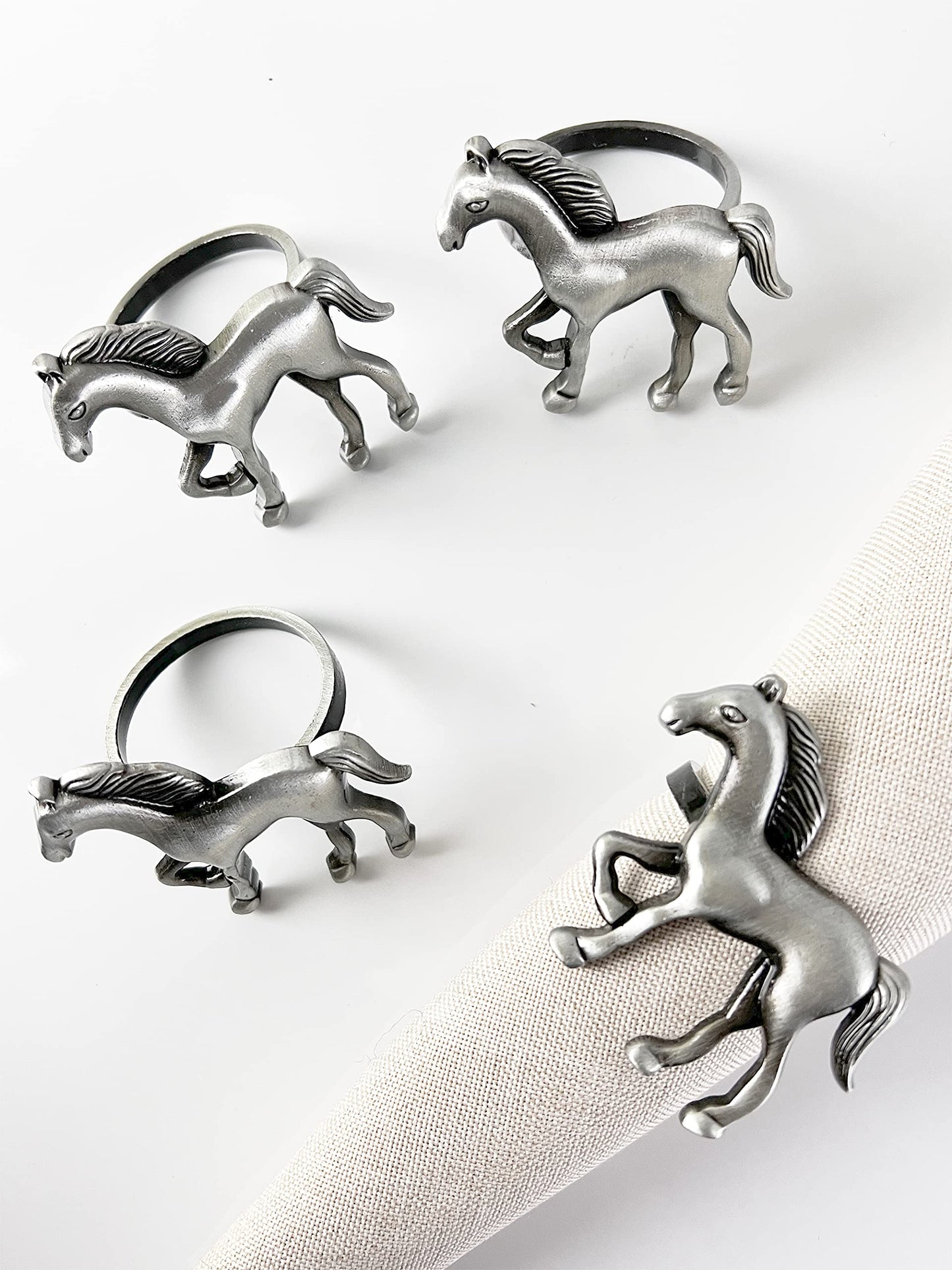 Fennco Styles Horse Metal Napkin Rings, Set of 4 - Silver Animal Napkin Holders for Home, Dining Table Décor, Banquets, Holidays, Family Gatherings and Special Occasions