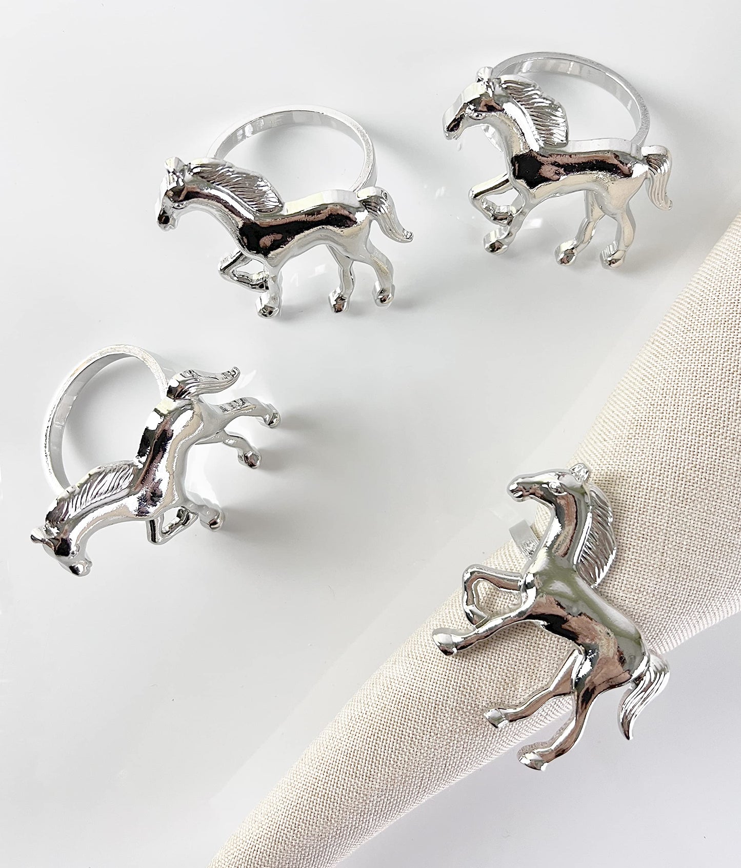 Fennco Styles Horse Metal Napkin Rings, Set of 4 - Silver Animal Napkin Holders for Home, Dining Table Décor, Banquets, Holidays, Family Gatherings and Special Occasions