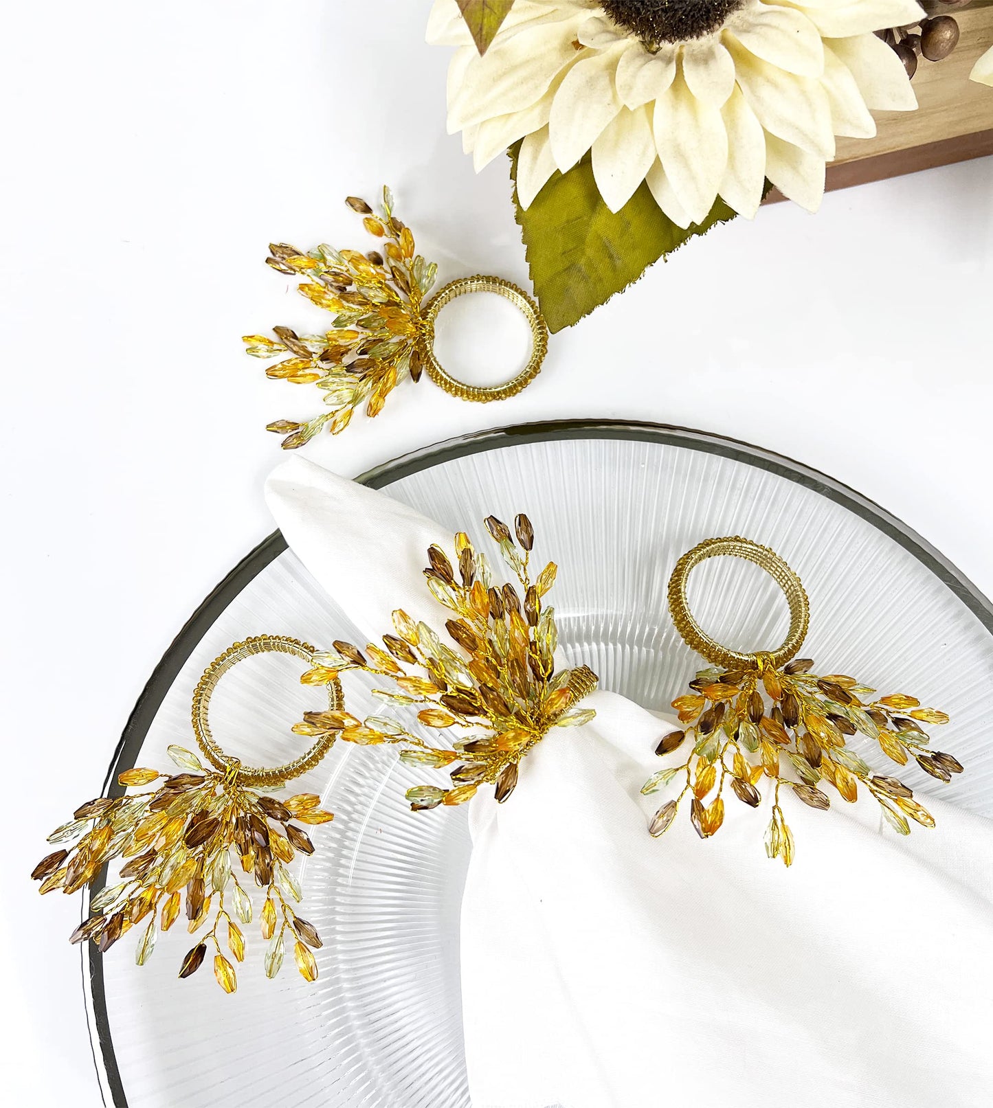 Fennco Styles Hand Beaded Yellow Flower Design Decorative Napkin Rings, Set of 4 - Multicolored Beads Napkin Holders for Home, Dining Table, Banquets, Christmas Décor and Special Occasion