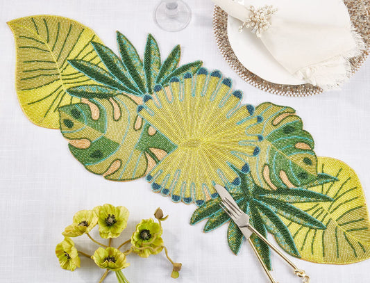 Fennco Styles Hand Beaded Summer Tropical Leaves Table Runner 13" W x 36" L - Green Palm Leaf Table Cover for Home Décor, Holidays, Family Gatherings, Banquets, Special Occasion and Everyday Use