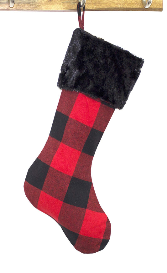 Fennco Styles Red and Black Buffalo Plaid with Black Faux Fur Design Christmas Stocking 13" W x 19" L - Festive Hanging Stocking for Home, Christmas Tree, Fireplace, Office and School Décor