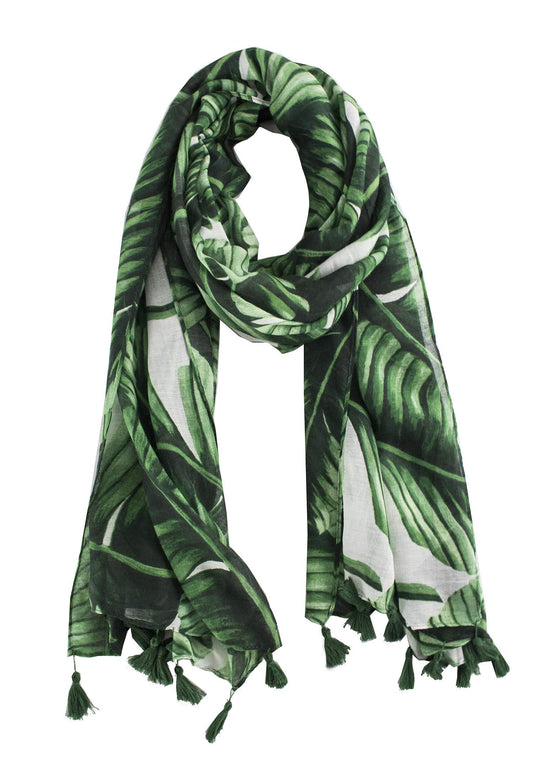 stylesilove Womens Cozy Tassels Oblong Cotton Scarf Lightweight Shawls Wrap (Palm Leaf/Green)