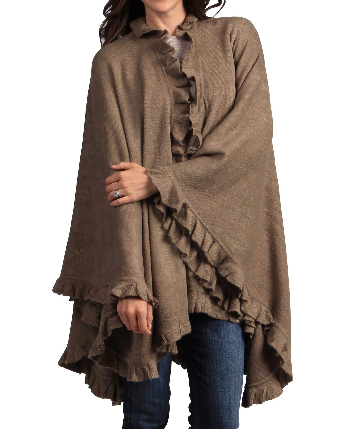Fennco Styles Women's Ruffle Trim Knit Open Front Poncho Cape Shawl - Fall Wrap Jacket, Cozy and Stylish Layering Piece