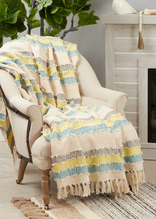 Fennco Styles Multicolored Striped Fringe Cotton Throw Blanket 50" W x 60" L – Woven Textured Blanket for Bed, Couch, Sofa, Holidays, Home Décor and Office Décor