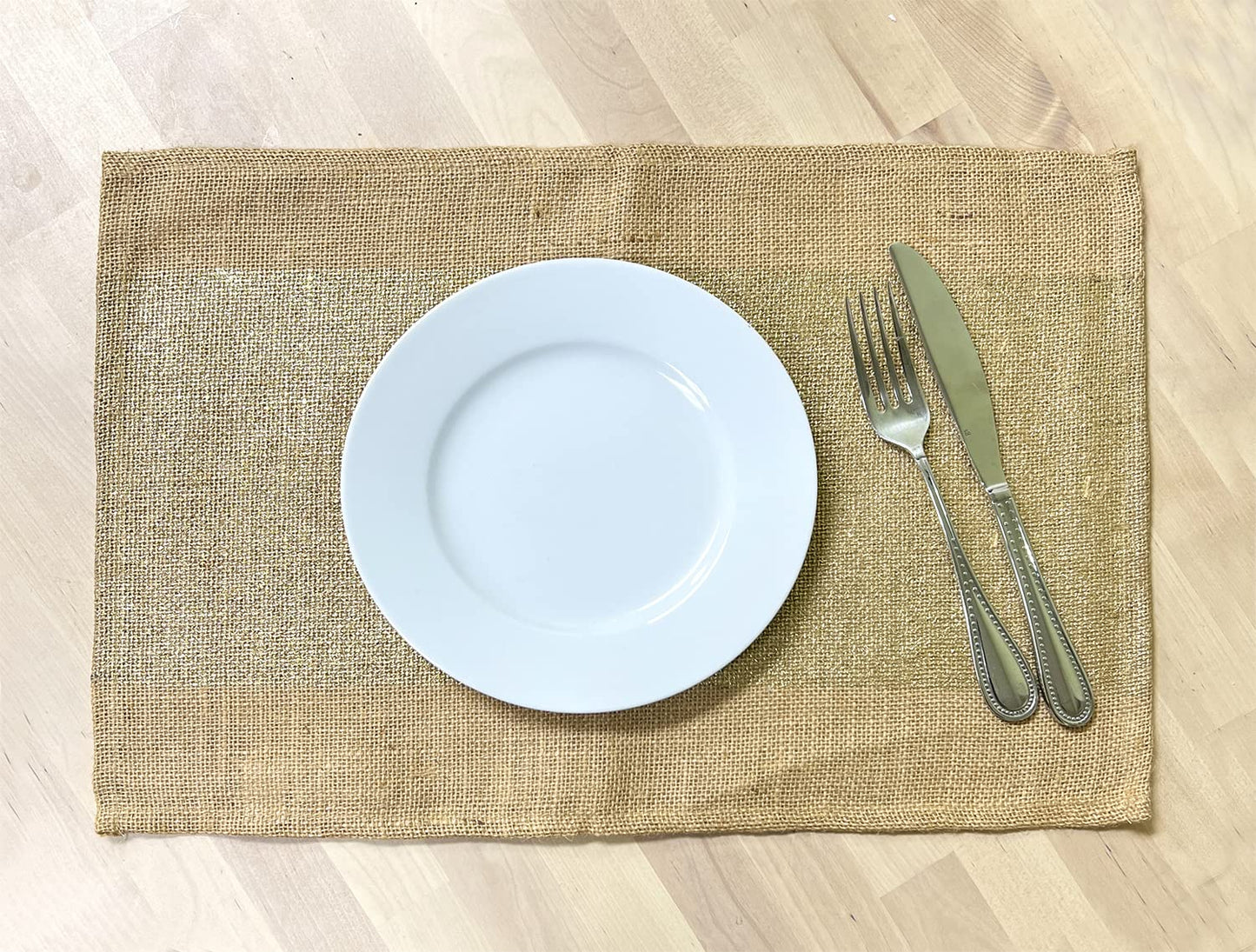 Fennco Styles Metallic Banded Foil Design Burlap Jute Placemats 13" W x 19" L, Set of 4 - Natural Table Mats for Home, Dining Table, Banquets, Holidays and Special Events