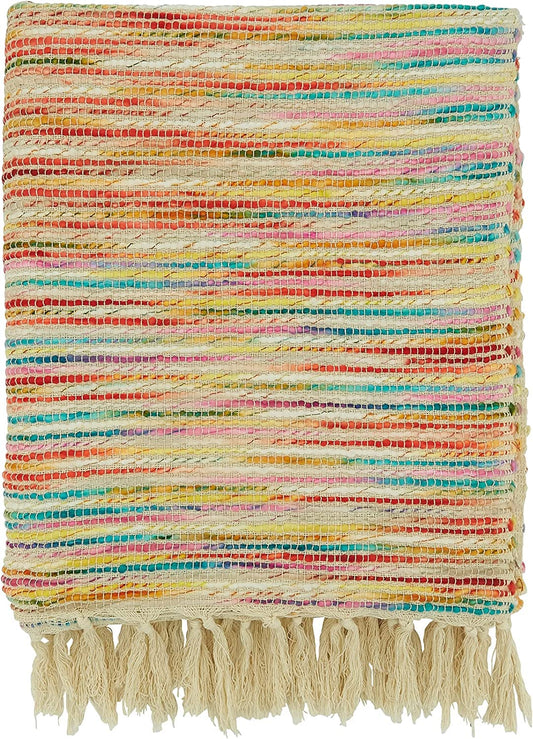 Fennco Styles Rainbow Striped Throw Blanket with Fringe 50" W x 60" L – Multicolored Cotton Blend Blanket for Bed, Couch, Sofa, Holidays, Home Décor and Office Décor