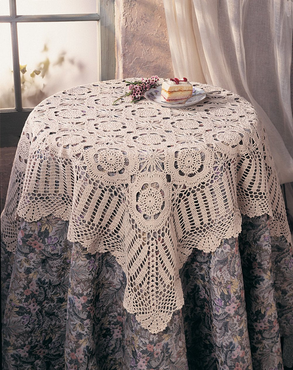 Fennco Styles Medallion Collection Handmade Crochet Cotton Tablecloth 90 x 90 Inch - Ecru Round Table Toppers for Wedding, Banquest, Special Events and Home Décor