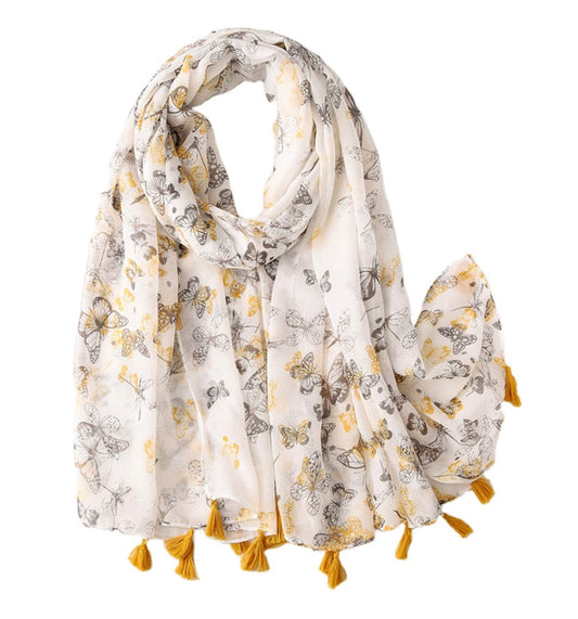 stylesilove Spring Summer Yellow Grey Butterfly Printed Lightweight Tassel Cotton Scarf Wrap Shawl for Women Girls