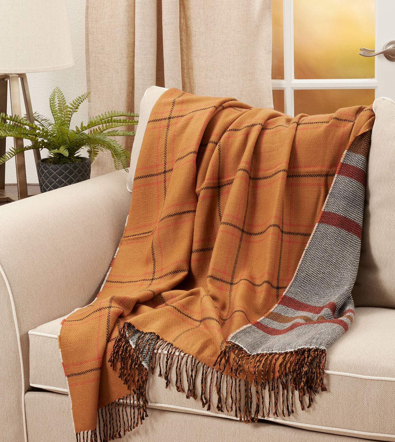 Fennco Styles Reversible Plaid Stripes Fringe Throw Blanket 50" W x 60" L – Rust Knitted Blanket for Couch, Bedroom and Living Room Décor