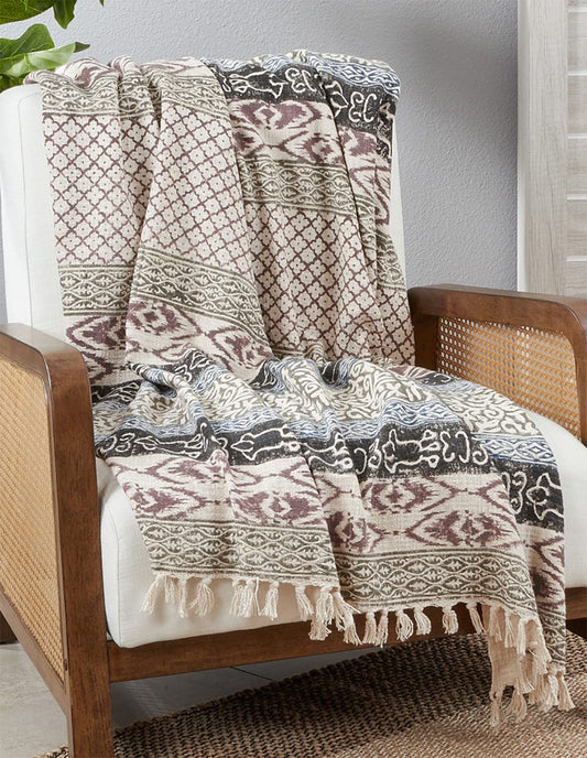 Fennco Styles Abstract Boho Block Print Cotton Throw Blanket with Tassel 47" W x 70" L – Multicolored Geometric Blanket for Bed, Couch, Sofa, Holidays, Home Décor and Office Décor