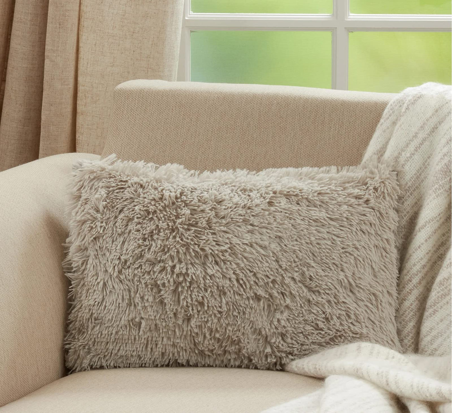 Fennco Styles Classic Faux Fur Decorative Throw Pillow Cover 18 x 18 Inch - Ivory Plush Cushion Case for Home, Couch, Living Room, Office and Holiday Décor