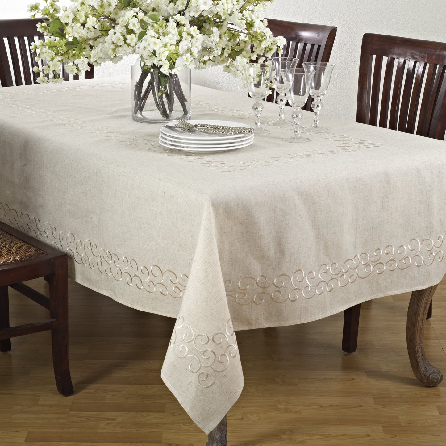 Fennco Styles Classic Embroidery Scroll Border Linen Blend Tablecloth - Natural Tablecloth for Wedding, Banquet, Special Events and Home Décor