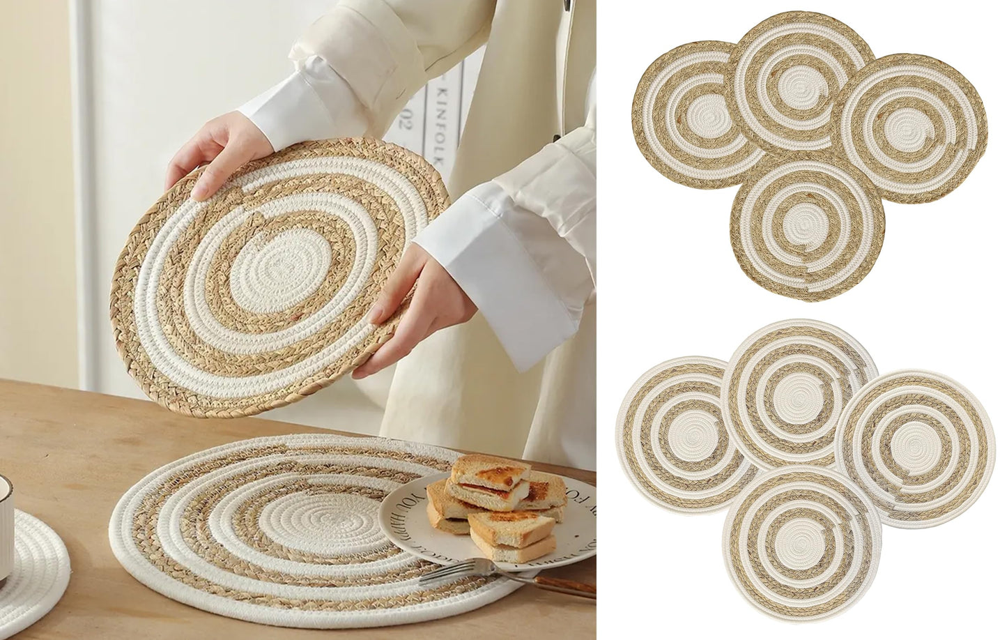 Fennco Styles Handwoven Water Hyacinth Straw & Cotton Placemats 12" Round, Set of 4 - Natural Braided Heat Resistant Insulation Table Mats for Home, Kitchen Décor, Dining Table, Banquets, Holidays