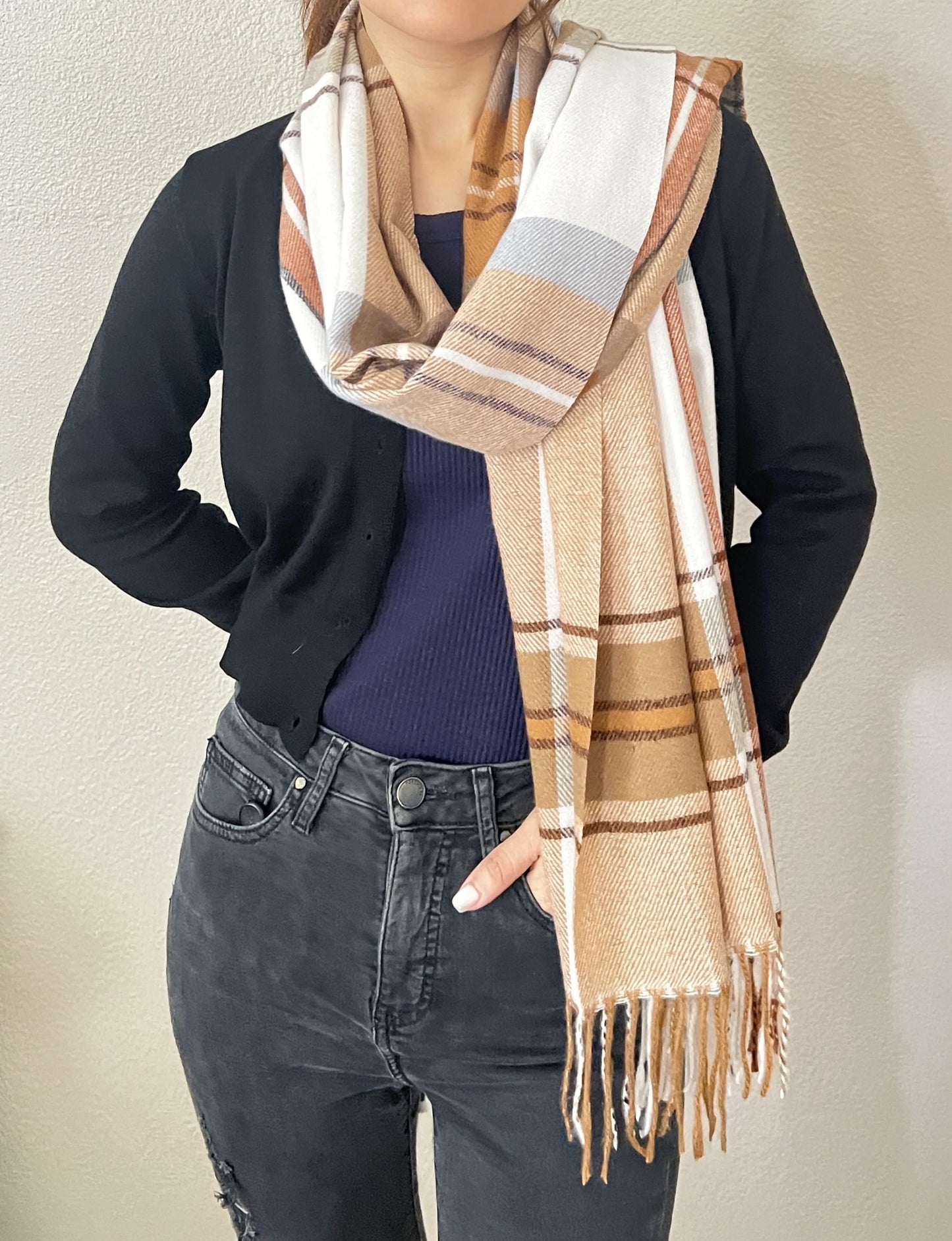 stylesilove Women Plaid Fringe Cashmere Scarf Warm Ultra Soft Scarves Shawl Neck Wraps for All Season, 5 Colors
