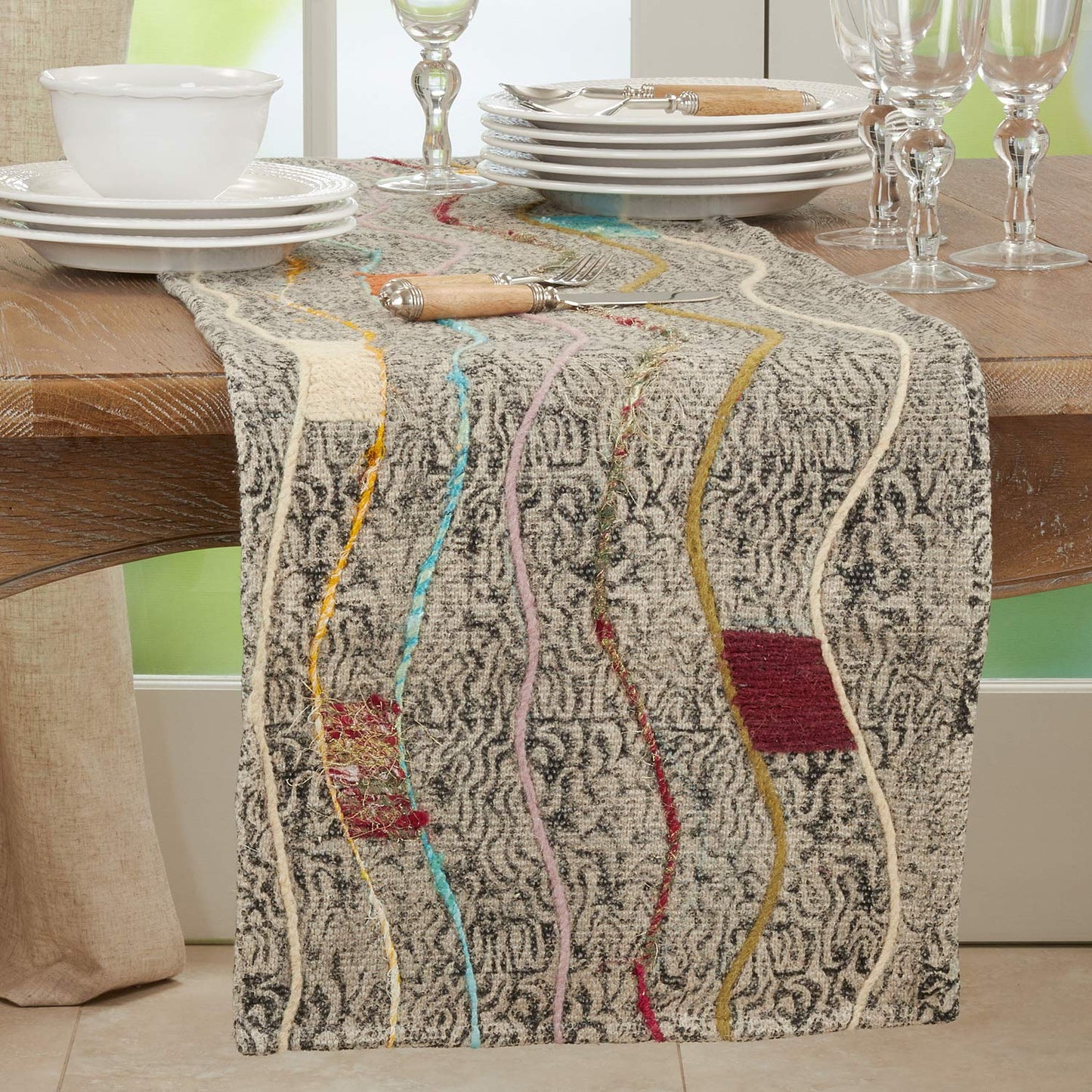 Fennco Styles Abstract Block Print Embroidered Cotton Table Runner 16" W x 72" L - Multicolored Rectangular Table Cover for Home Décor, Dining Table, Banquets, Family Gathering and Special Events
