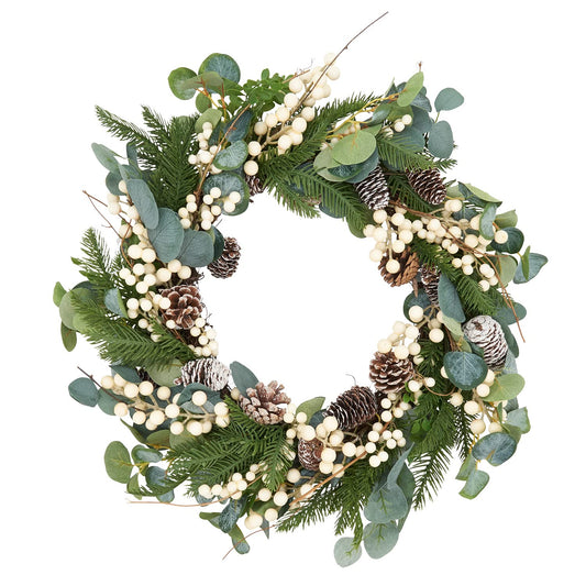 Fennco Styles Holiday Frosted Pinecone Eucalyptus and Winter Berry Wreath 26" Round - Green Christmas Wreath for Home, Front Door, Entryway, Wall and Window Decoration