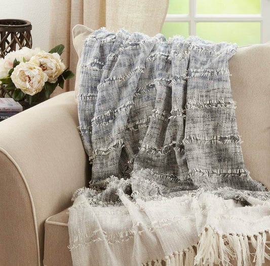 Fennco Styles Color Block Throw Blanket with Tassel 50" W x 60" L – Navy Blue Blanket for Couch, Bedroom and Living Room Décor