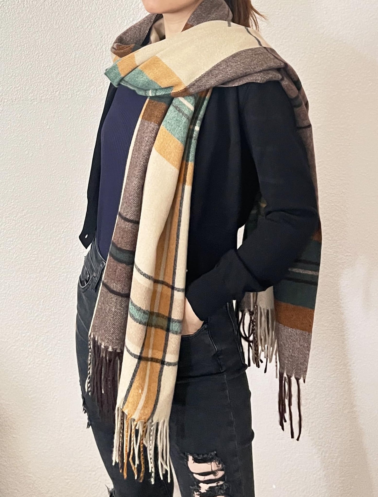 stylesilove Women Plaid Fringe Cashmere Scarf Warm Ultra Soft Scarves Shawl Neck Wraps for All Season, 5 Colors