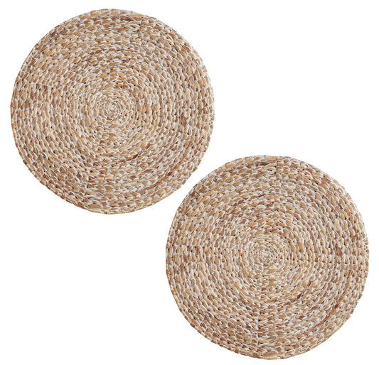 Fennco Styles Handwoven Water Hyacinth Placemats 15" Round, Set of 2 - White Braided Table Mats Heat Resistant Insulation for Home, Boho Décor, Dining Table, Banquets, Special Events