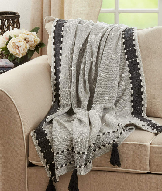 Fennco Styles Banded Border Throw Blanket with Tassel 50" W x 60" L – Black Woven Blanket for Couch, Bedroom and Living Room Décor