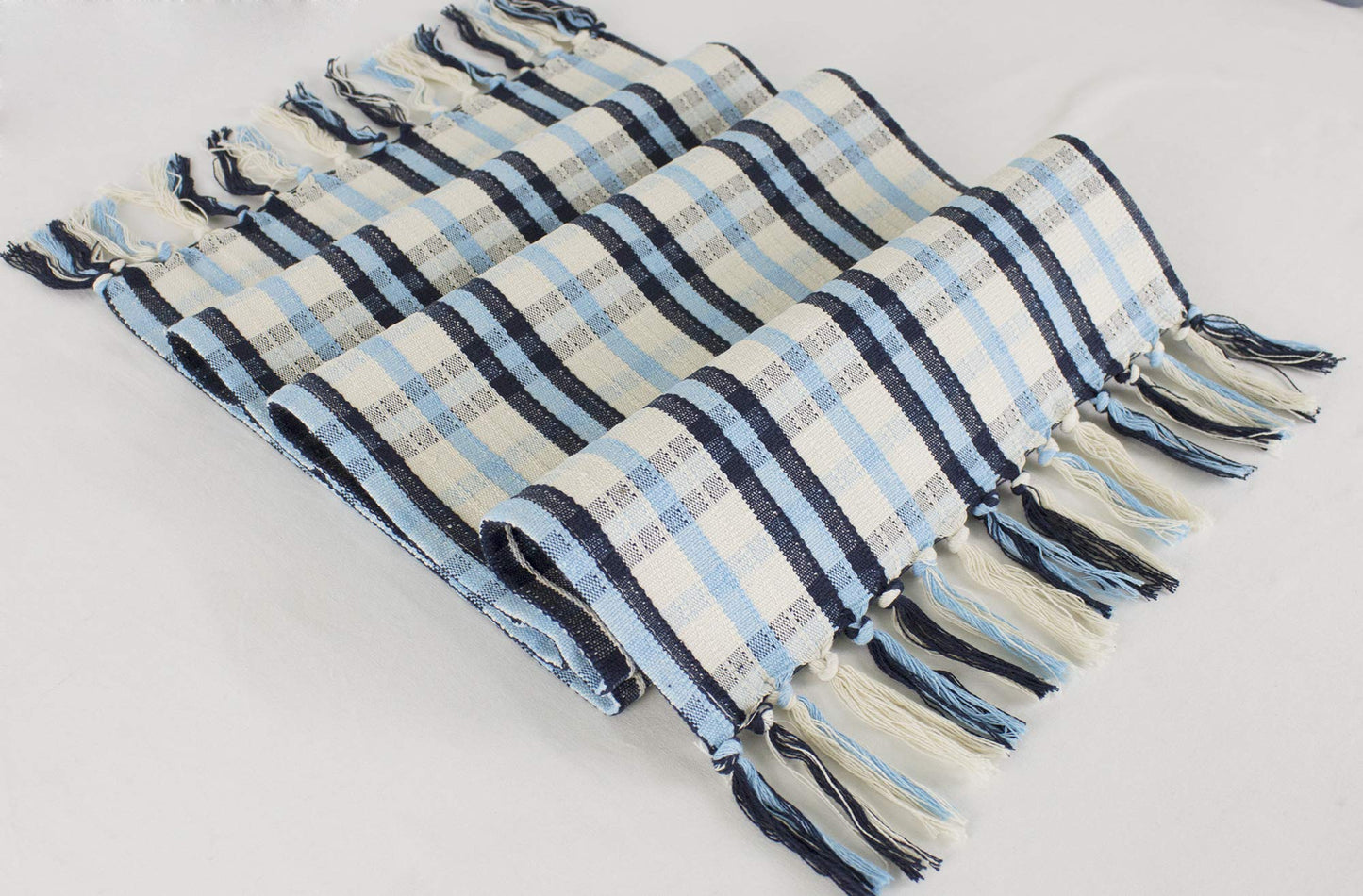 Fennco Styles Woven Tartan Plaid Tassels Cotton Blend Tablecloth - Blue and Ivory 55 x 55 inch Square Table Cover for Banquets, Holiday, Special Events and Home Décor