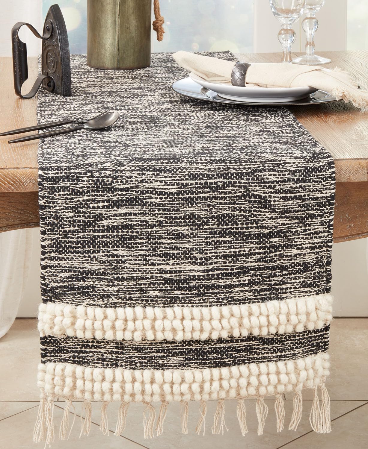 Fennco Styles Pom Pom Stripe Woven Table Runner with Fringe 16" W x 72" L – Black Cotton Wool Blend Table Cover for Home Décor, Dining Table, Banquets, Everyday Use and Special Events