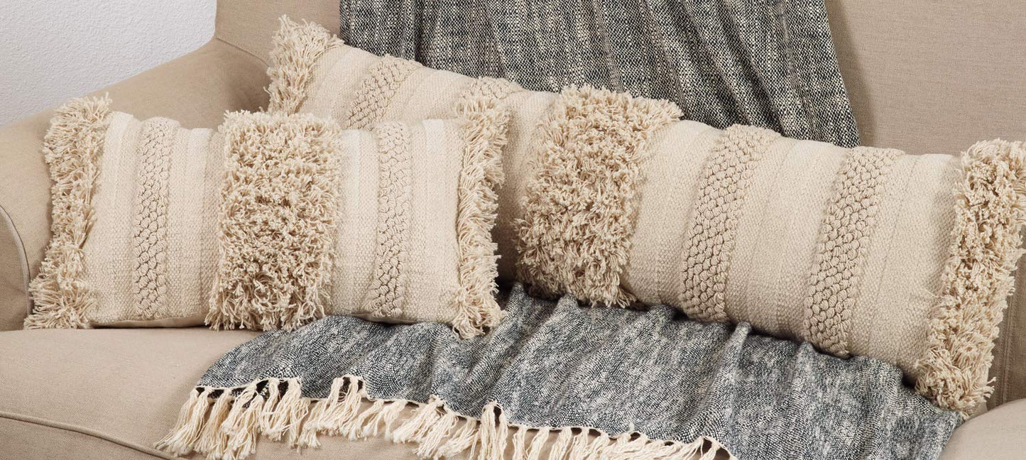 Fennco Styles Bohemian Fringe Stripe 100% Pure Cotton Decorative Throw Pillow with Case & Insert - Natural Lumbar Pillow for Couch, Bedroom and Living Room Decor