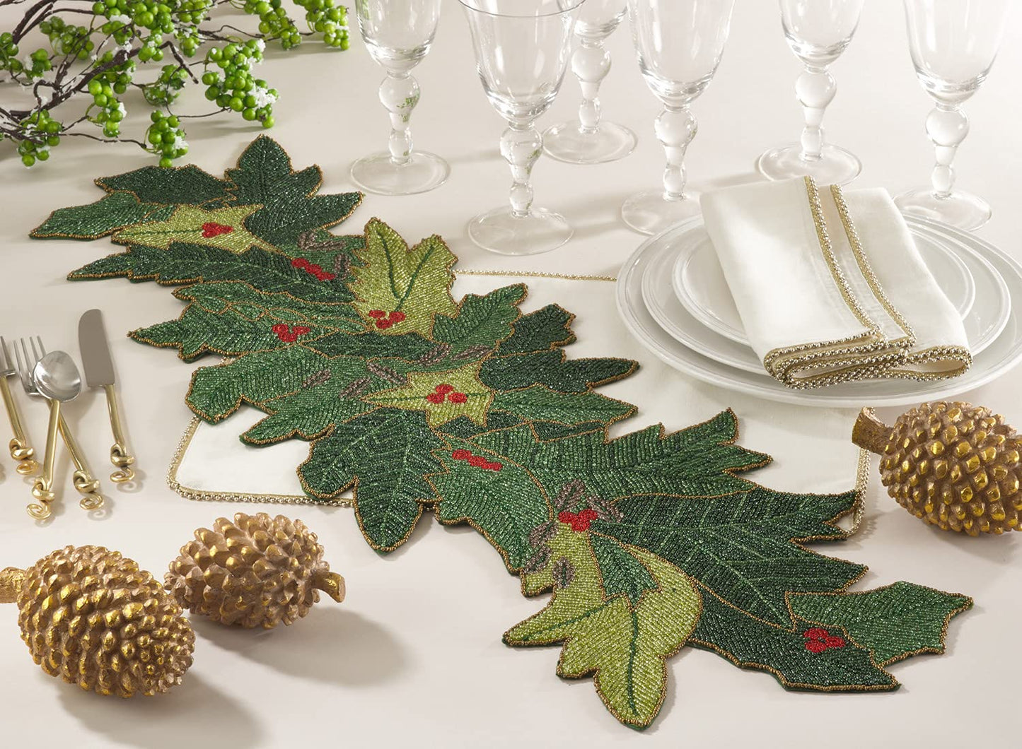 Fennco Styles Noel Hand Beaded Holiday Festive Holiday Table Runner 12" W x 36" L - Green Table Cover for Christmas, Home, Banquets, Family Gathering and Special Occasion