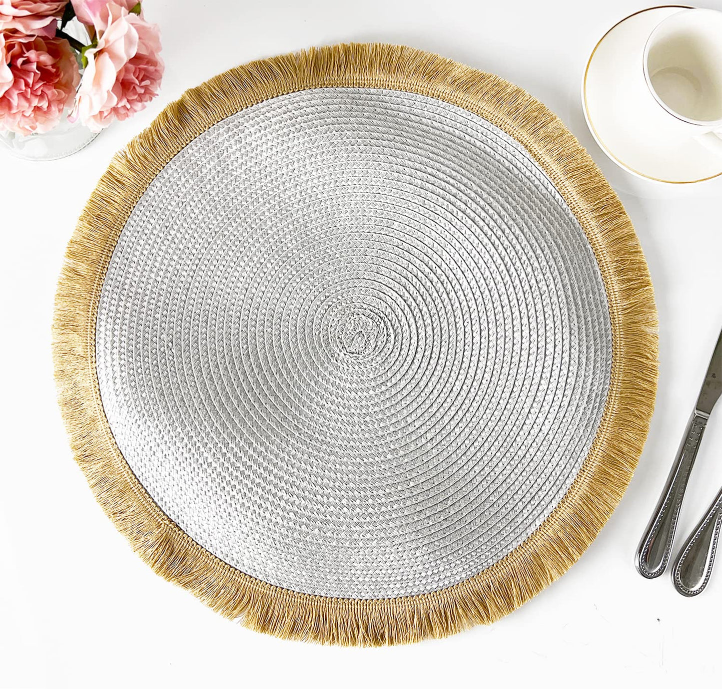Fennco Styles Hand Braided Fringe Boho Placemats 15 Inch Round, Set of 4 - Beige & White Woven Textured Table Mats for Home, Dining Room, Banquets, Family Gathering and Special Occasion