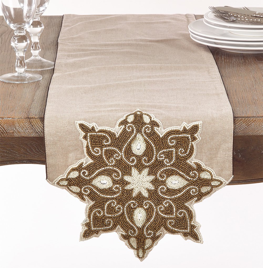 Fennco Styles Beaded Snowflake Design Holiday Festive Table Runner - 13" X 72'