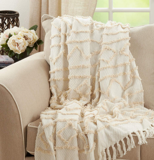 Fennco Styles Diamond Embellished Cotton Throw Blanket with Tassel 50" W x 60" L – Ivory Tufted Blanket for Couch, Bedroom and Living Room Décor