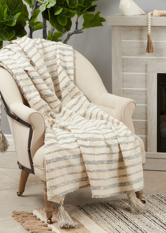 Fennco Styles Black & White Striped Woven Throw Blanket with Tassel 50" W x 60" L – Neutral Blanket for Couch, Bedroom and Living Room Décor