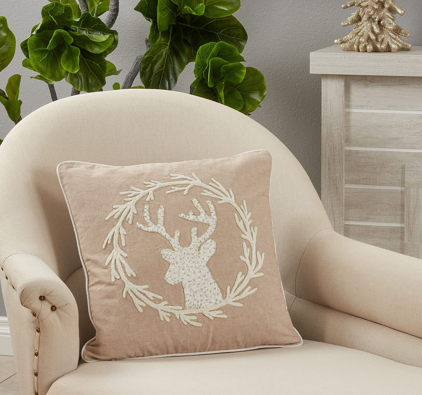 Fennco Styles Hand Beaded & Embroidered Wreath Reindeer Cotton Decorative Throw Pillow 18"W x 18"L – Natural Holiday Cushion for Home, Couch, Sofa, Bedroom, Office, Christmas Décor and Special Occasion