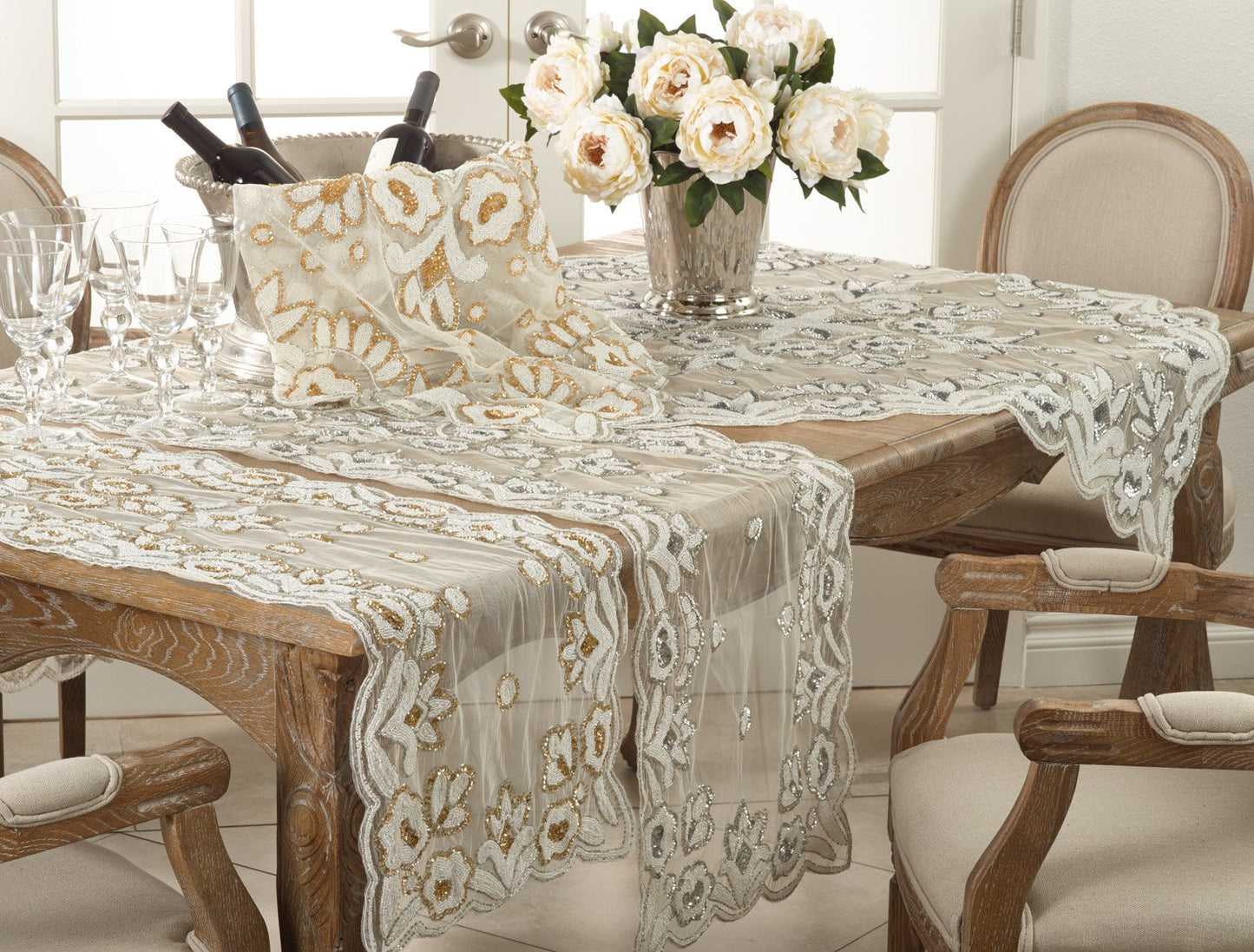 Fennco Styles Hand-Beaded Floral Table Runner - 16"x72" - 2 Colors