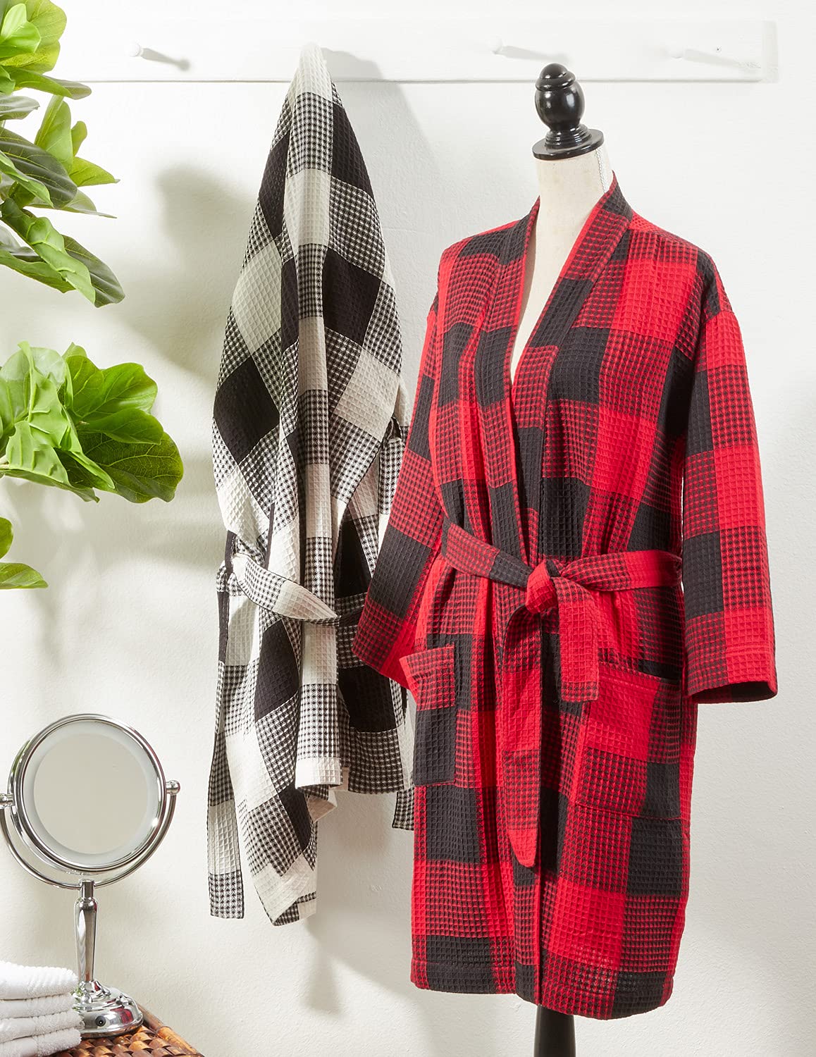Fennco Styles Women Buffalo Plaid Waffle Weave 100% Cotton Bathrobe Lightweight Sleepwear Absorbent Spa Robe