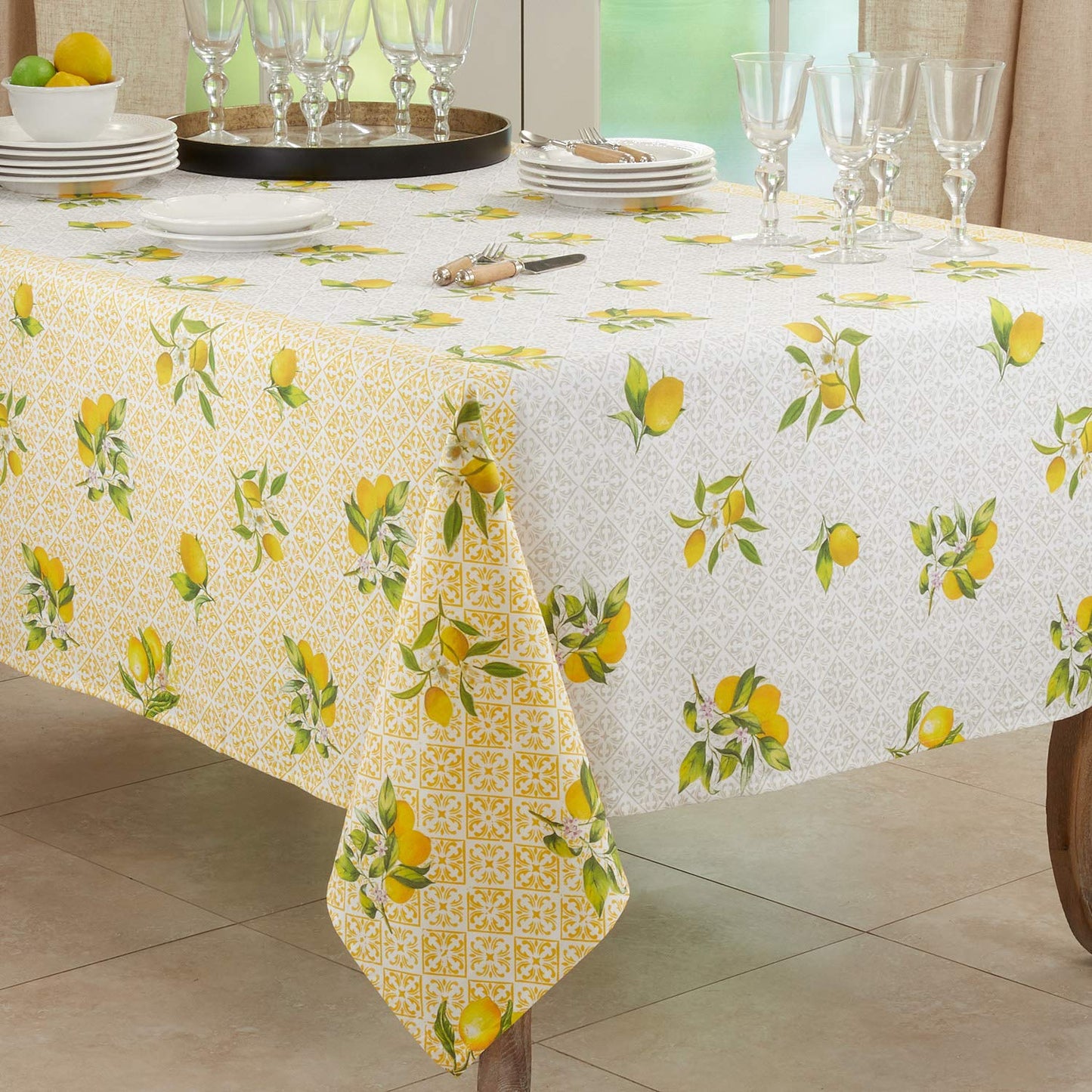Fennco Styles Lemon Block Print Cotton Table Runner 16 x 72 Inch - Yellow Table Cover for Everyday Use, Dining Table Décor, Banquets, Family Gathering and Special Events
